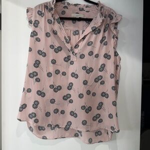 LOFT Pink Striped Floral Ruffle Sleeveless V-Neck Top